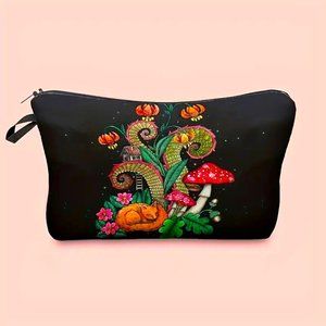 New Trippy Mushroom Makeup Bag Cosmetic Pouch Travel Hippie Black Light Cat